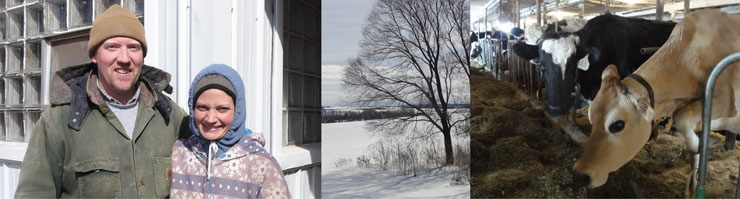 LEFT: Brad and Shelley Schrandt pause outside the barn where much of their daily work takes place. CENTER: Open land slopes to the Whitewater River. RIGHT: The productive, mixed herd enjoys a warm barn on a cold day.