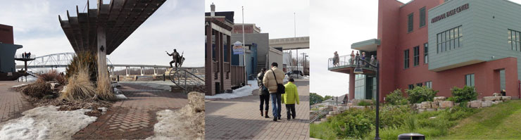LEFT: Snow melts into pavers on the plaza at the foot of Pembroke Ave. in Wabasha. The overlook honors beloved people and cultures, connects visitors to the water and keeps polluted runoff out of the Mississippi River. CENTER: A family explores Big Jo Alley. RIGHT: Visitors stand above the National Eagle Center's rain garden.