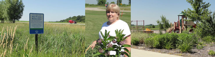 LEFT: At the headwaters of the Whitewater River's South Branch land is again wet prairie. CENTER: At the prairie site Marlis Knowlton, Eyota City Clerk, tells how citizens and City employees collaborated to establish the prairie, and how the City is working with the DNR to continue the work. RIGHT: At Summerfield Park, a sunny playground is now bounded by a beautiful rain garden built by volunteers.