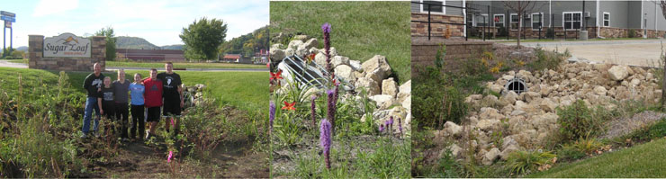 LEFT: Principal Rocky Sandcork and students from Hope Lutheran High School pause for a snapshot after removing non-native plants from a storm water retention basin at the entrance to Sugar Loaf Senior Living. CENTER: An overflow drain moves water to the City storm sewer system if the basin fills up. RIGHT: Near Mankato Street, a pipe drains water from the parking lot to another basin, where it soaks into the ground.