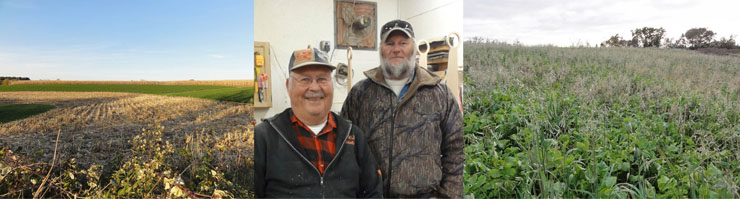 LEFT: Contour strips on sloped fields reduce erosion at the Heim farm. CENTER: Tom and Allyn Heim pose for a snapshot in the farm's workshop. RIGHT: Acres of mixed cover crop improved soil quality and prevented erosion during a wet summer.