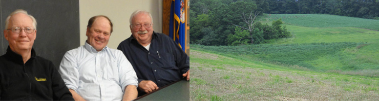 LEFT:  Local Watershed District managers Jack Roberts and Duane Wirt, pictured with former manager and meeting participant Keith Beach.  RIGHT:  At the Barkheim Farm near Stockton, Minnesota this catchment basin was cleaned out and repaired with Stockton-Rollingstone-Minnesota City Watershed District funds. It captures moving water and soil where a field meets a ravine, to prevent flooding and erosion.